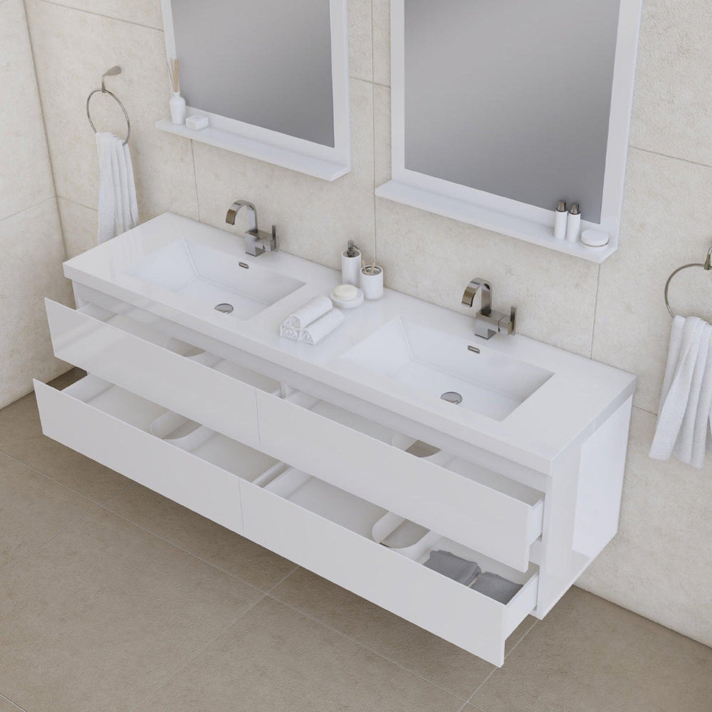 Alya Bath Paterno 72" Double White Modern Wall Mounted  Bathroom Vanity With Acrylic Top and Integrated Sink - AB-MOF72D-W - Backyard Provider