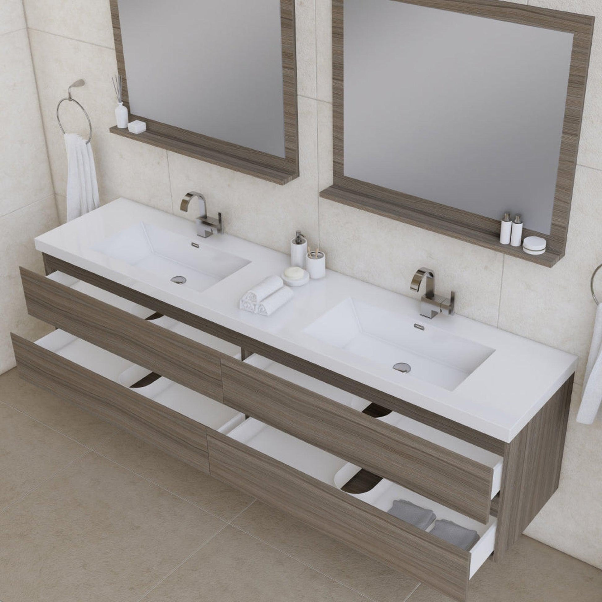 Alya Bath Paterno 84" Double Gray Modern Wall Mounted  Bathroom Vanity With Acrylic Top and Integrated Sink - AB-MOF84D-G - Backyard Provider
