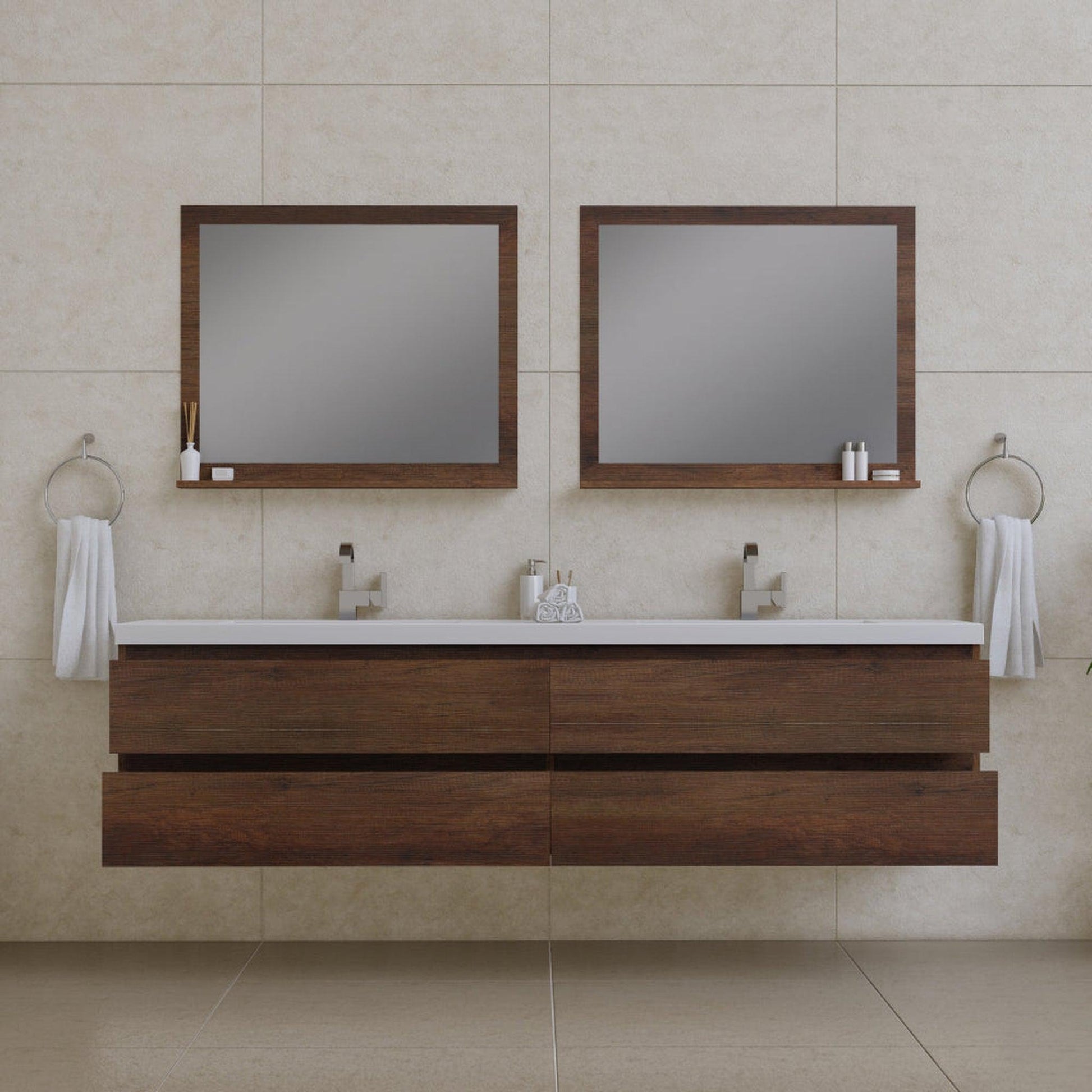 Alya Bath Paterno 84" Double Rosewood Modern Wall Mounted  Bathroom Vanity With Acrylic Top and Integrated Sink - AB-MOF84D-RW - Backyard Provider