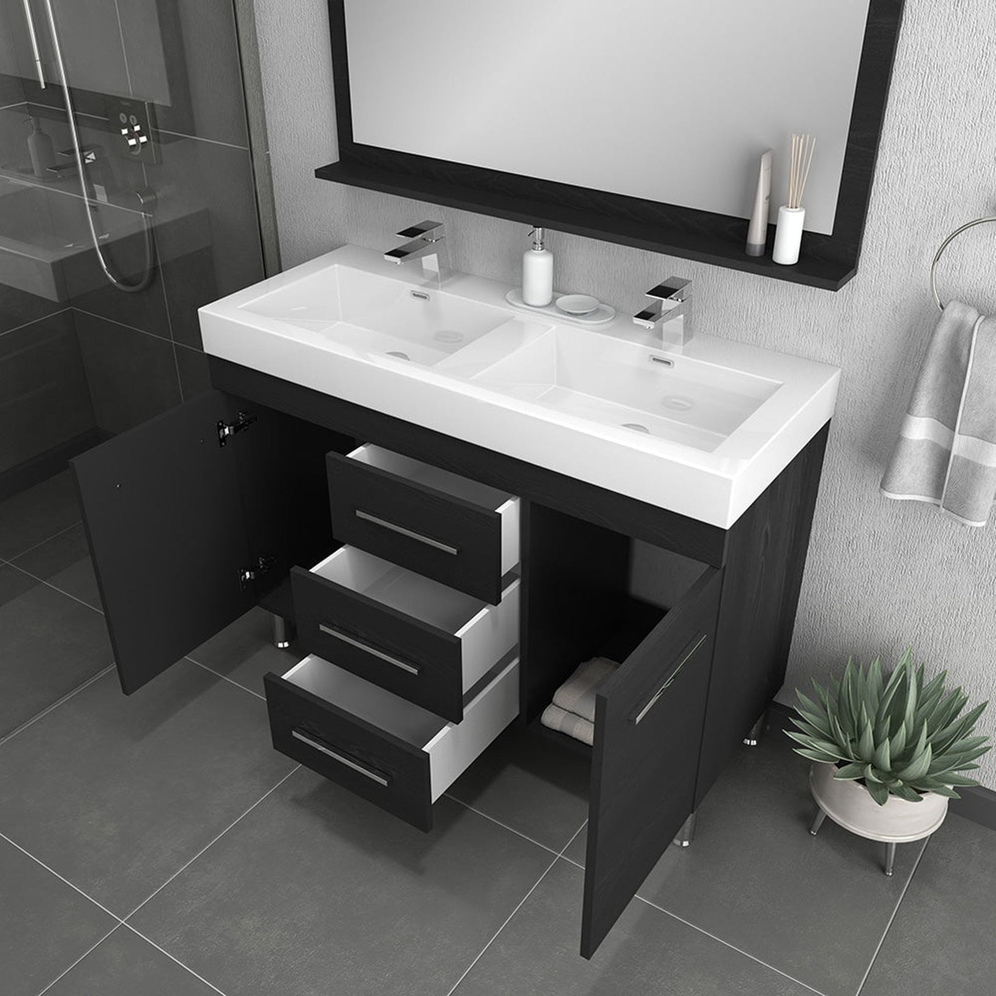 Alya Bath Ripley 48" Double Black Modern Freestanding  Bathroom Vanity With Integrated Acrylic Top, Acrylic Sink and Wall Mounted Mirror - AT-8048-B-D+AT-48-M-B - Backyard Provider