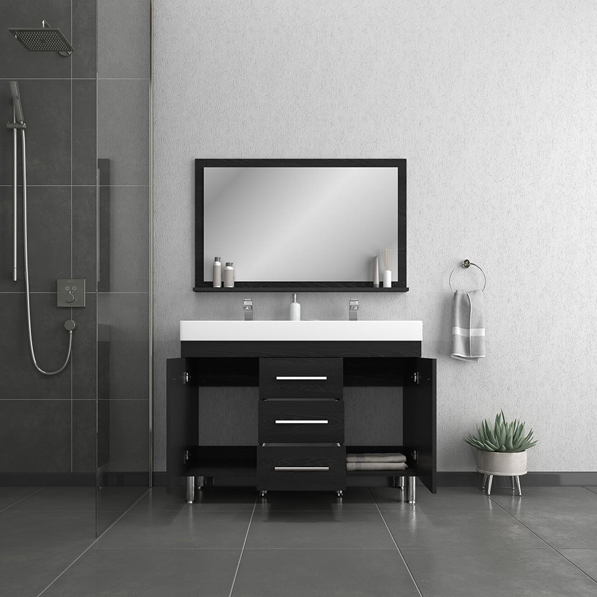 Alya Bath Ripley 48" Double Black Modern Freestanding  Bathroom Vanity With Integrated Acrylic Top, Acrylic Sink and Wall Mounted Mirror - AT-8048-B-D+AT-48-M-B - Backyard Provider
