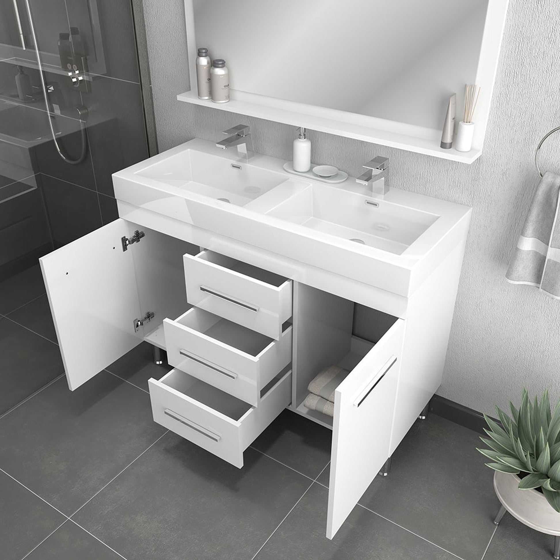 Alya Bath Ripley 48" Double White Modern Freestanding  Bathroom Vanity With Integrated Acrylic Top, Acrylic Sink and Wall Mounted Mirror - AT-8048-W-D+AT-48-M-W - Backyard Provider