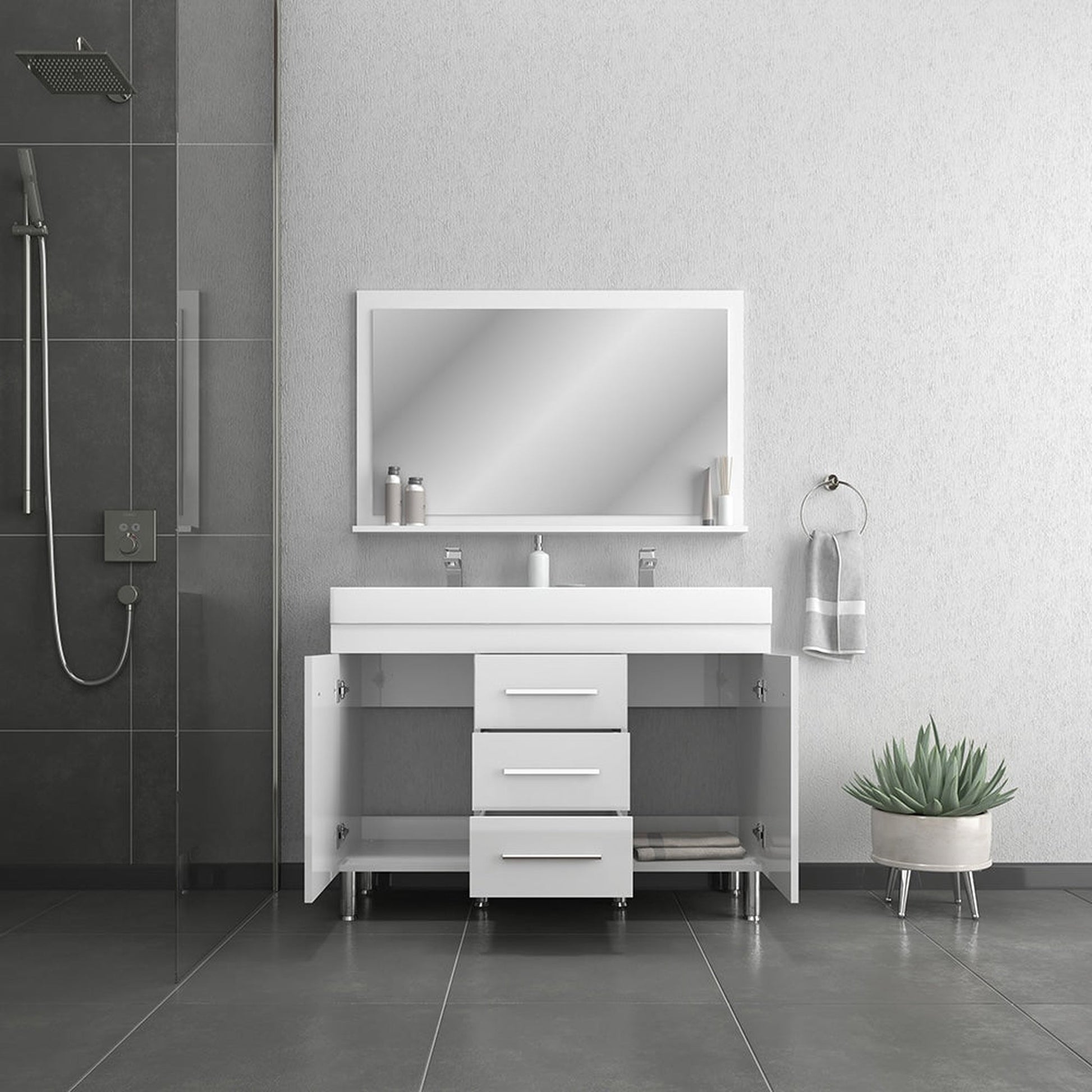 Alya Bath Ripley 48" Double White Modern Freestanding  Bathroom Vanity With Integrated Acrylic Top, Acrylic Sink and Wall Mounted Mirror - AT-8048-W-D+AT-48-M-W - Backyard Provider