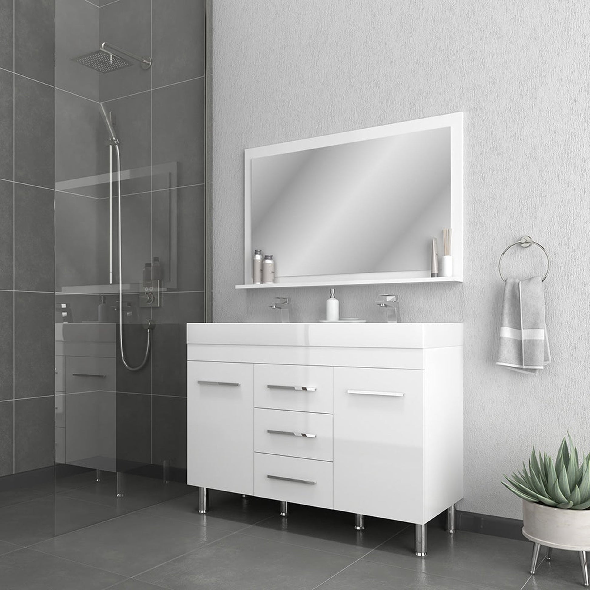 Alya Bath Ripley 48" Double White Modern Freestanding  Bathroom Vanity With Integrated Acrylic Top, Acrylic Sink and Wall Mounted Mirror - AT-8048-W-D+AT-48-M-W - Backyard Provider
