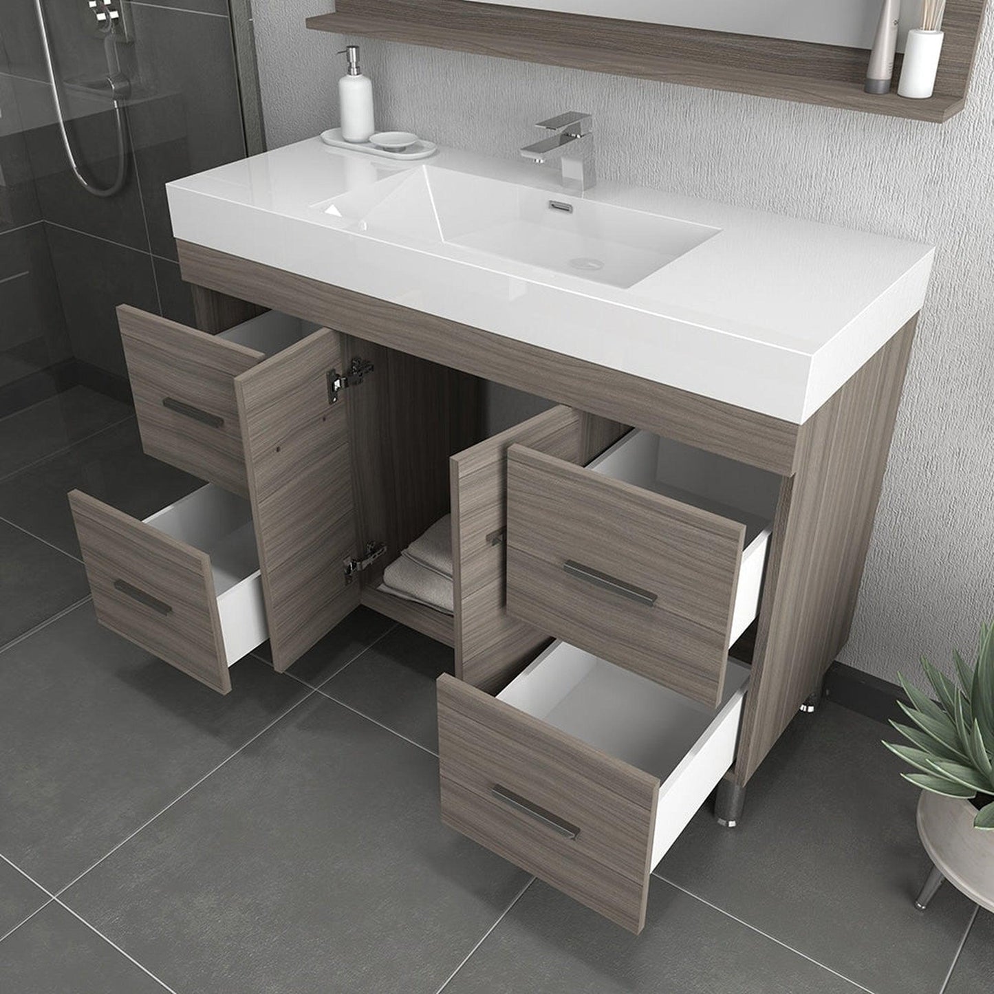 Alya Bath Ripley 48" Single Gray Modern Freestanding  Bathroom Vanity With Integrated Acrylic Top, Acrylic Sink and Wall Mounted Mirror - AT-8042-G+AT-48-M-G - Backyard Provider