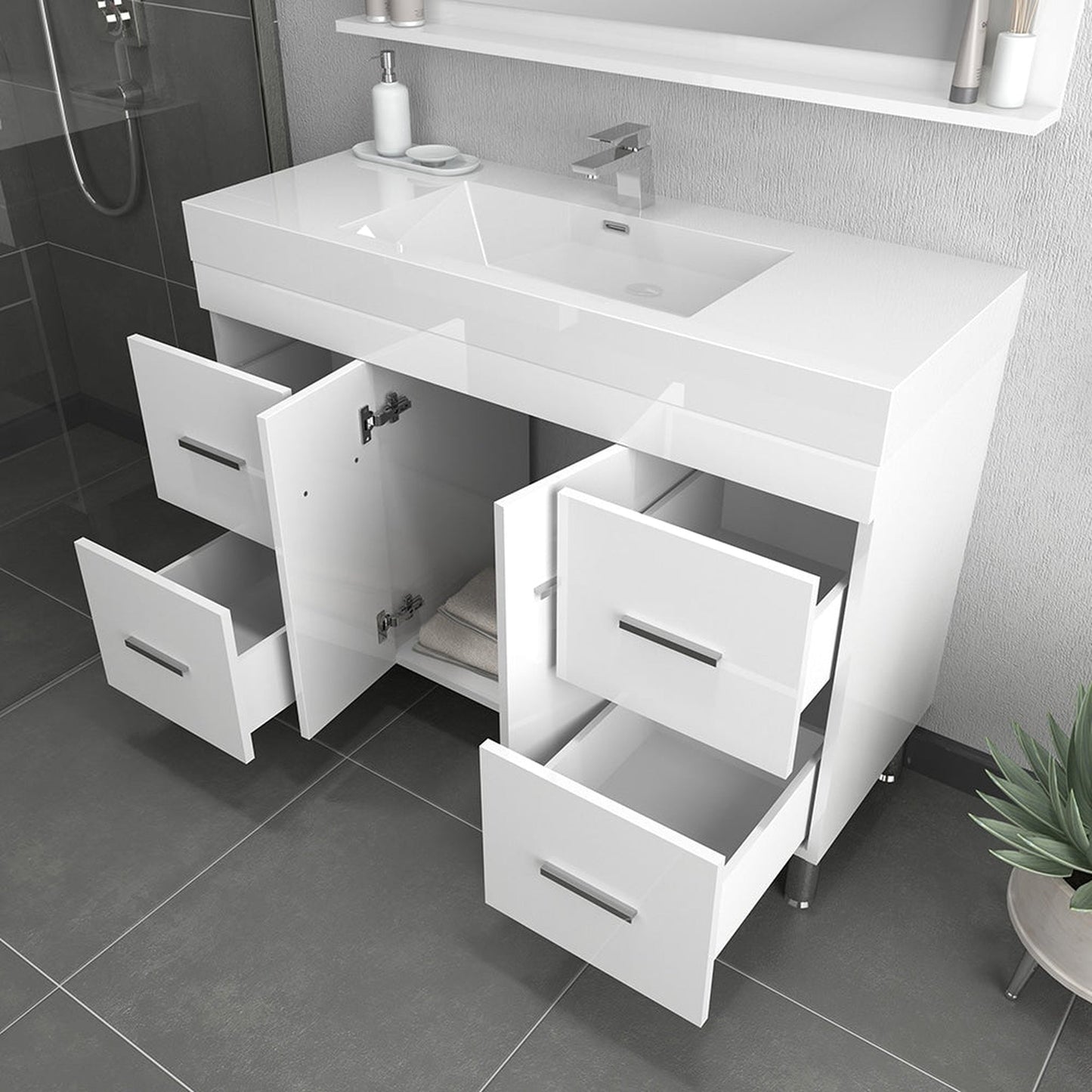 Alya Bath Ripley 48" Single White Modern Freestanding  Bathroom Vanity With Integrated Acrylic Top, Acrylic Sink and Wall Mounted Mirror - AT-8042-W+AT-48-M-W - Backyard Provider