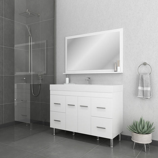 Alya Bath Ripley 48" Single White Modern Freestanding  Bathroom Vanity With Integrated Acrylic Top, Acrylic Sink and Wall Mounted Mirror - AT-8042-W+AT-48-M-W - Backyard Provider