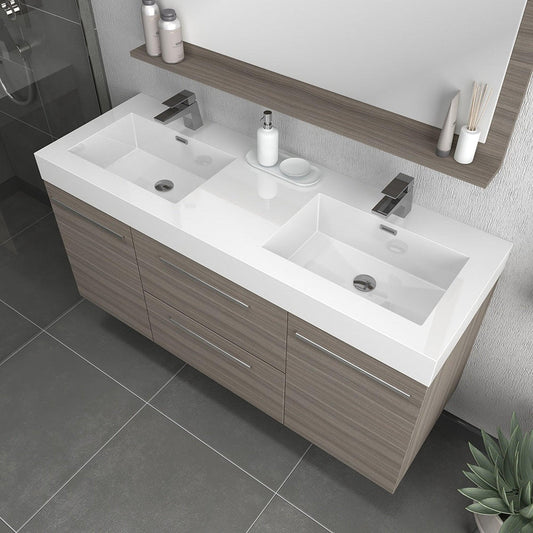 Alya Bath Ripley  54" Double Gray Modern Wall Mounted  Bathroom Vanity With Integrated Acrylic Top, Acrylic Sink and Wall Mounted Mirror - AT-8047-G-D+AT-48-M-G - Backyard Provider