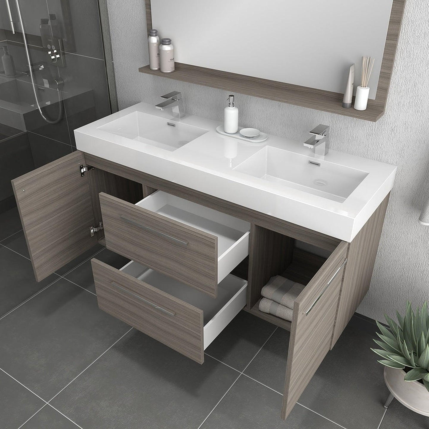 Alya Bath Ripley  54" Double Gray Modern Wall Mounted  Bathroom Vanity With Integrated Acrylic Top, Acrylic Sink and Wall Mounted Mirror - AT-8047-G-D+AT-48-M-G - Backyard Provider
