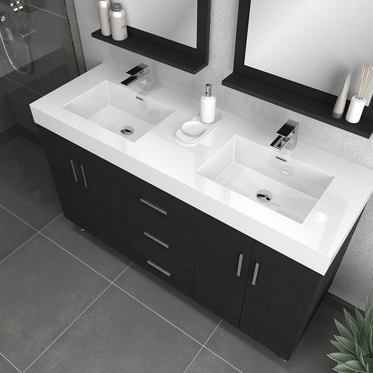 Alya Bath Ripley  56" Double Black Modern Freestanding  Bathroom Vanity With Integrated Acrylic Top, Acrylic Sink and Wall Mounted Mirror - AT-8043-B-D+2x AT-24-M-B - Backyard Provider