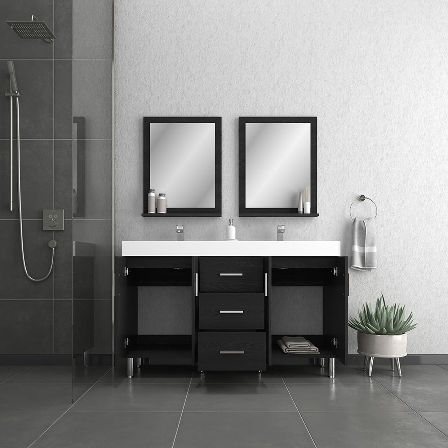 Alya Bath Ripley  56" Double Black Modern Freestanding  Bathroom Vanity With Integrated Acrylic Top, Acrylic Sink and Wall Mounted Mirror - AT-8043-B-D+2x AT-24-M-B - Backyard Provider