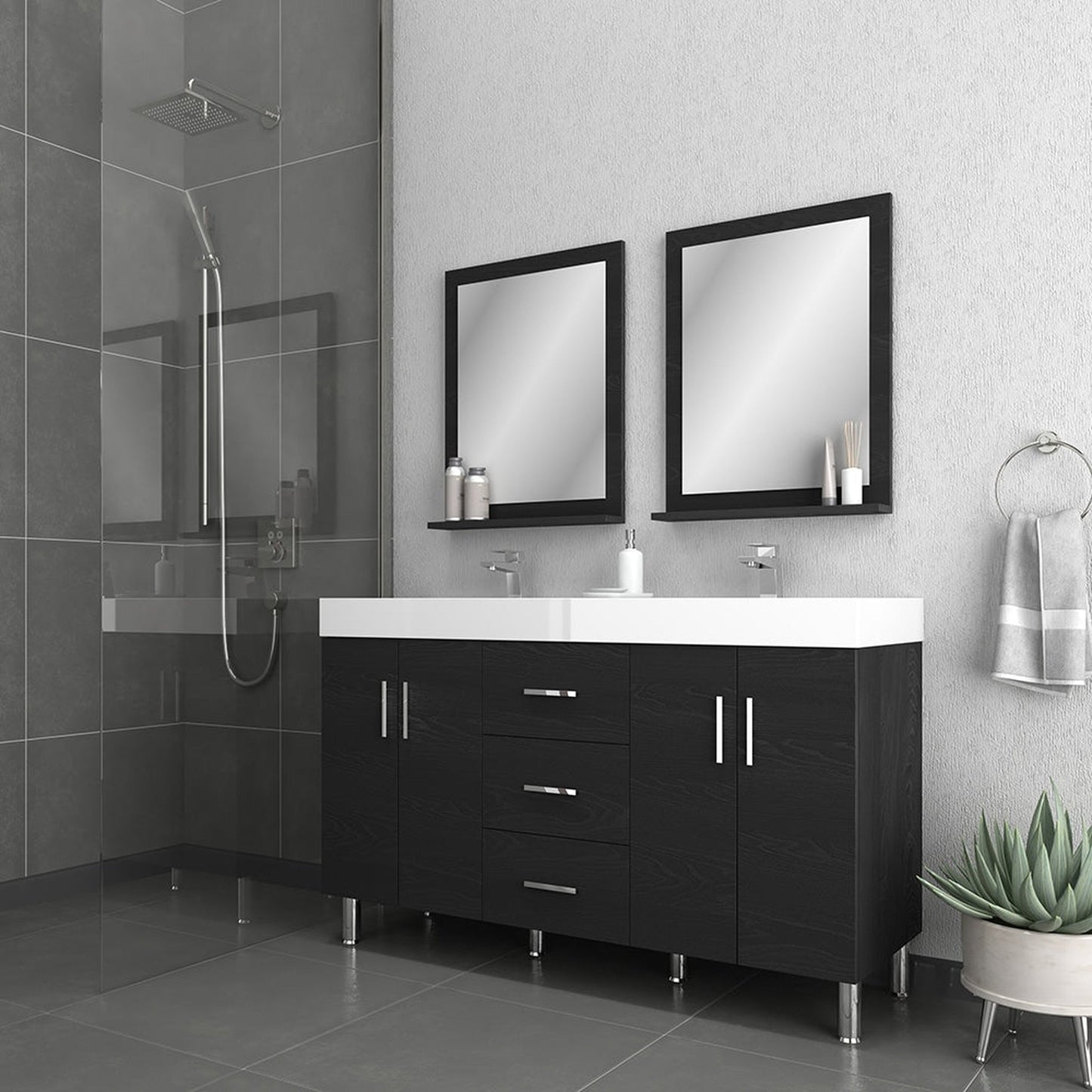 Alya Bath Ripley  56" Double Black Modern Freestanding  Bathroom Vanity With Integrated Acrylic Top, Acrylic Sink and Wall Mounted Mirror - AT-8043-B-D+2x AT-24-M-B - Backyard Provider