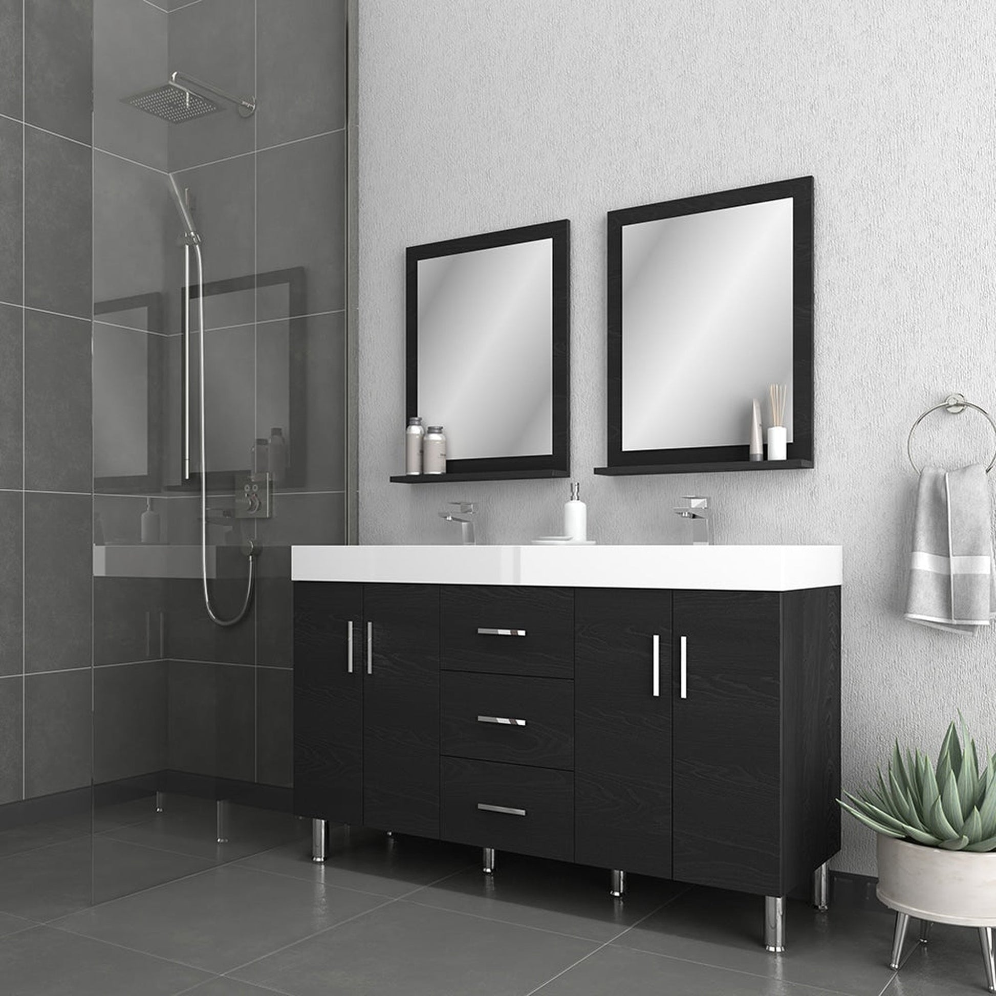 Alya Bath Ripley  56" Double Black Modern Freestanding  Bathroom Vanity With Integrated Acrylic Top, Acrylic Sink and Wall Mounted Mirror - AT-8043-B-D+2x AT-24-M-B - Backyard Provider