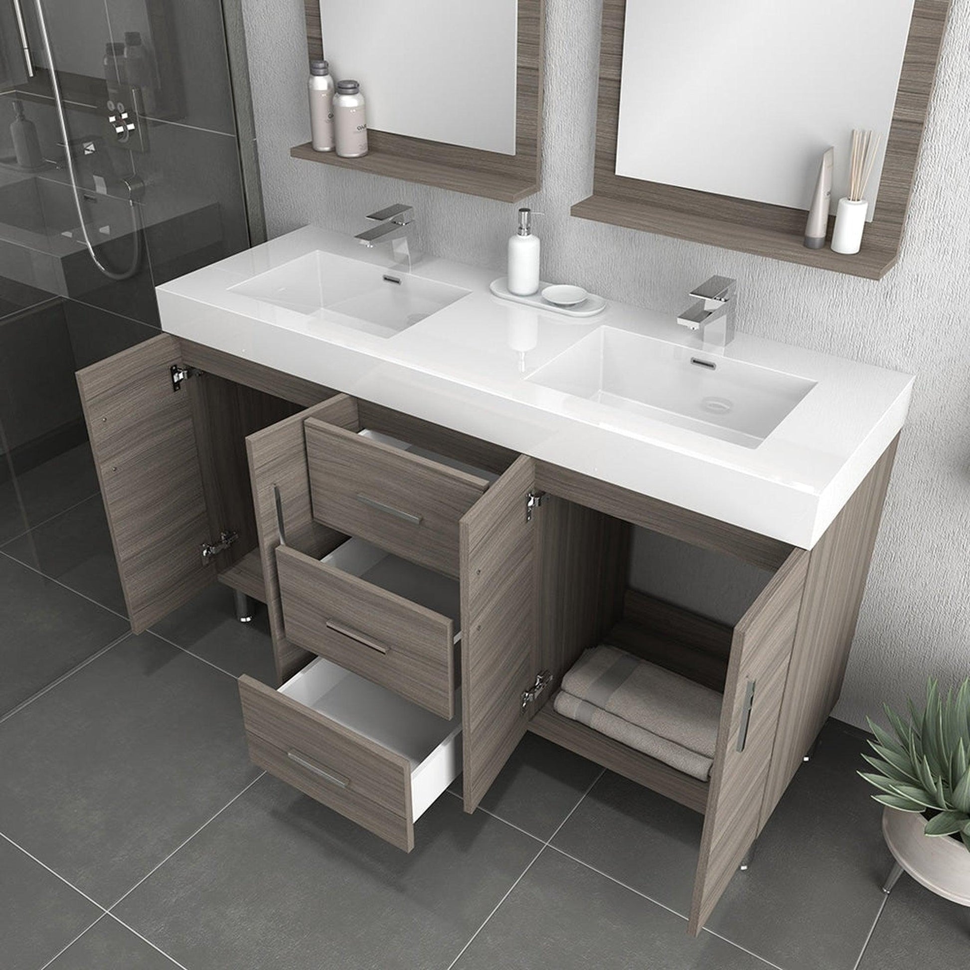 Alya Bath Ripley  56" Double Gray Modern Freestanding  Bathroom Vanity With Integrated Acrylic Top, Acrylic Sink and Wall Mounted Mirror - AT-8043-G-D+2x AT-24-M-G - Backyard Provider