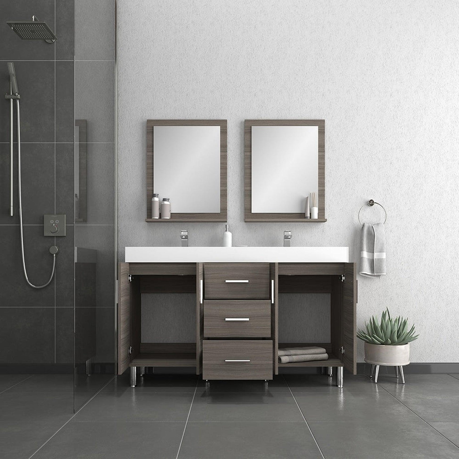Alya Bath Ripley  56" Double Gray Modern Freestanding  Bathroom Vanity With Integrated Acrylic Top, Acrylic Sink and Wall Mounted Mirror - AT-8043-G-D+2x AT-24-M-G - Backyard Provider
