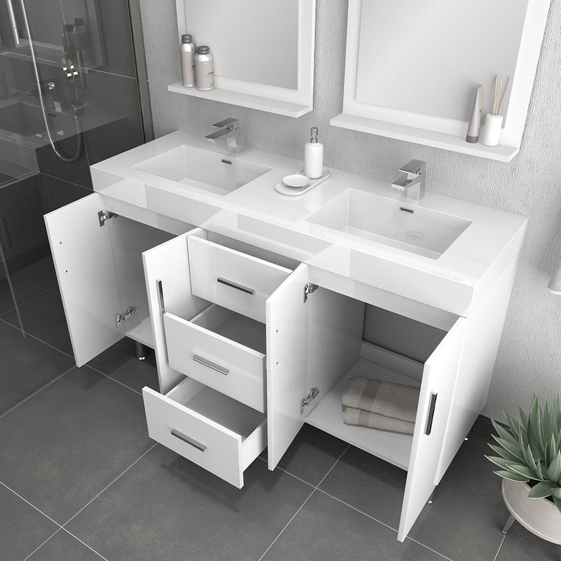 Alya Bath Ripley  56" Double  White Modern Freestanding Double Bathroom Vanity With Integrated Acrylic Top, Acrylic Sink and Wall Mounted Mirror - AT-8043-W-D+2x AT-24-M-W - Backyard Provider