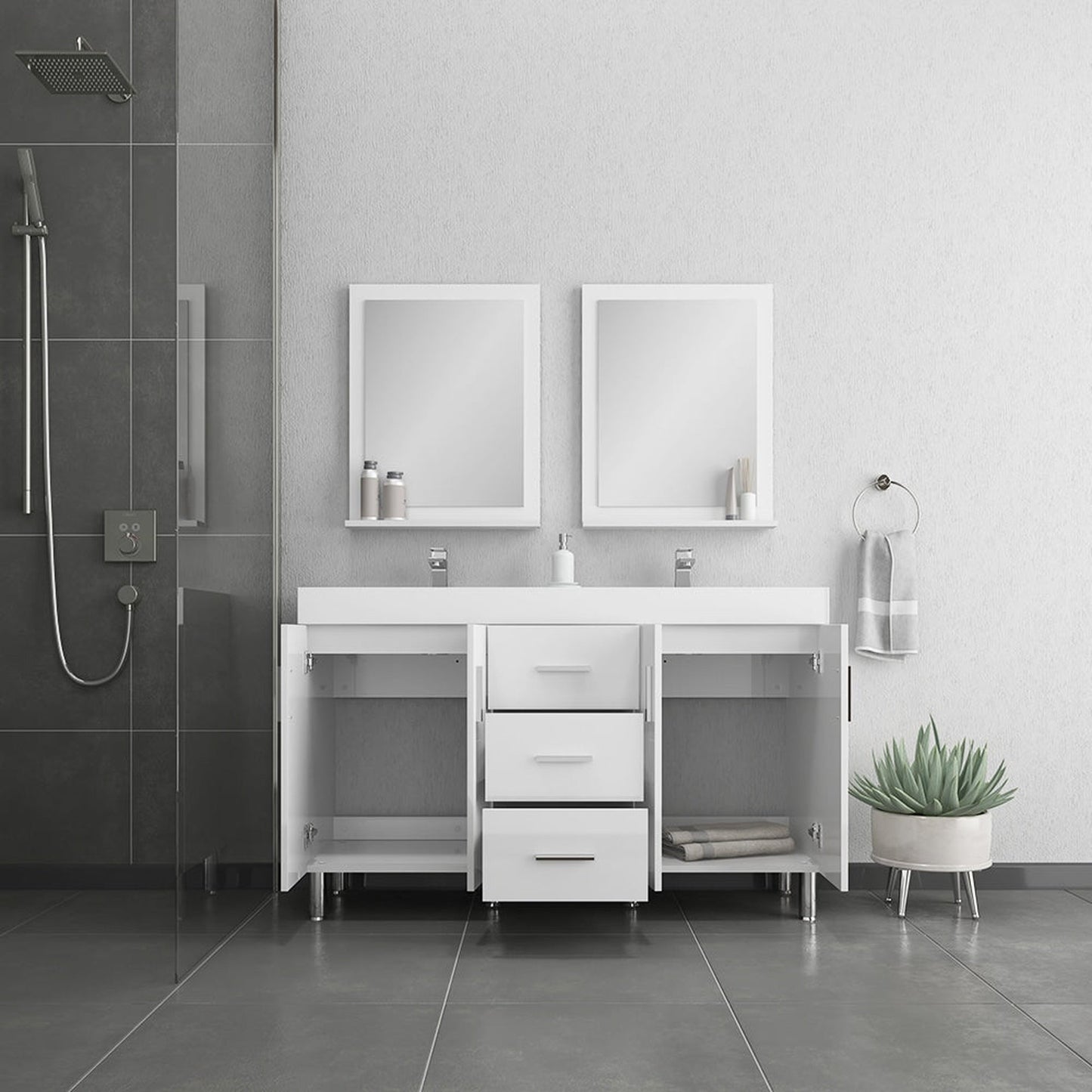 Alya Bath Ripley  56" Double  White Modern Freestanding Double Bathroom Vanity With Integrated Acrylic Top, Acrylic Sink and Wall Mounted Mirror - AT-8043-W-D+2x AT-24-M-W - Backyard Provider