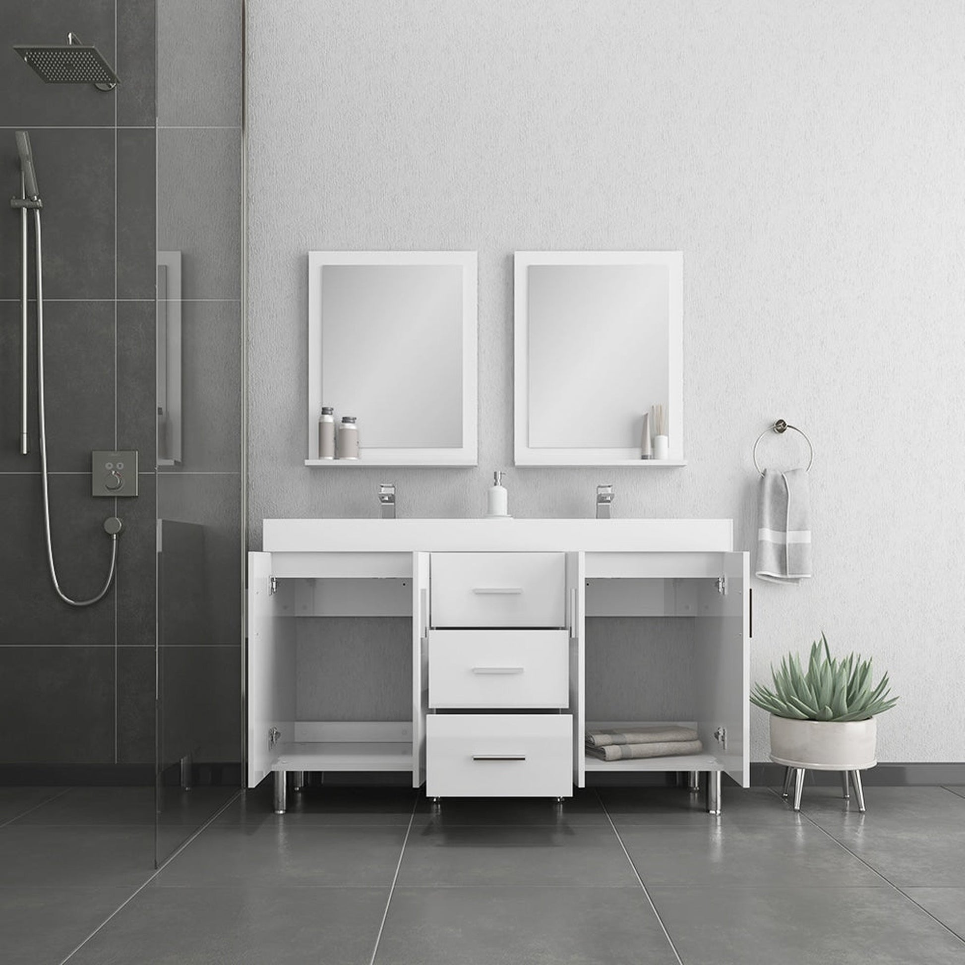 Alya Bath Ripley  56" Double  White Modern Freestanding Double Bathroom Vanity With Integrated Acrylic Top, Acrylic Sink and Wall Mounted Mirror - AT-8043-W-D+2x AT-24-M-W - Backyard Provider