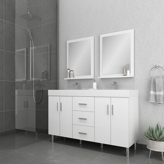 Alya Bath Ripley  56" Double  White Modern Freestanding Double Bathroom Vanity With Integrated Acrylic Top, Acrylic Sink and Wall Mounted Mirror - AT-8043-W-D+2x AT-24-M-W - Backyard Provider