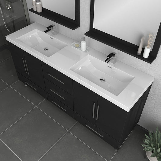 Alya Bath Ripley  67" Double Black Modern Freestanding  Bathroom Vanity With Integrated Acrylic Top, Acrylic Sink and Wall Mounted Mirror - AT-8063-B+2x AT-30-M-B - Backyard Provider