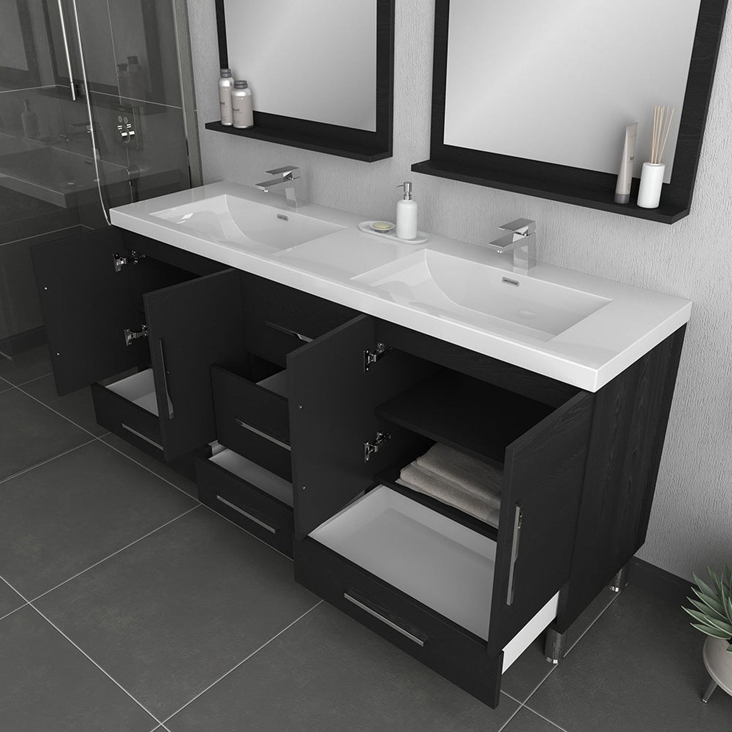 Alya Bath Ripley  67" Double Black Modern Freestanding  Bathroom Vanity With Integrated Acrylic Top, Acrylic Sink and Wall Mounted Mirror - AT-8063-B+2x AT-30-M-B - Backyard Provider