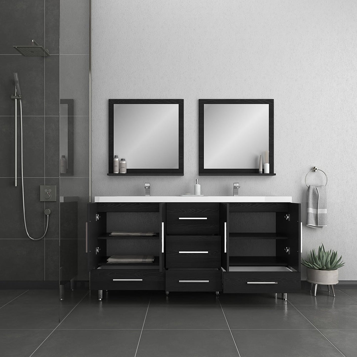 Alya Bath Ripley  67" Double Black Modern Freestanding  Bathroom Vanity With Integrated Acrylic Top, Acrylic Sink and Wall Mounted Mirror - AT-8063-B+2x AT-30-M-B - Backyard Provider