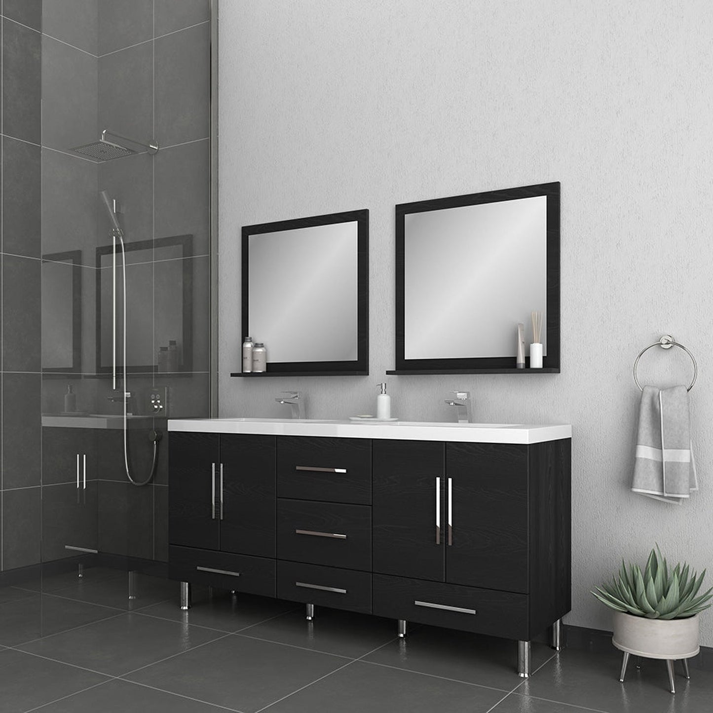 Alya Bath Ripley  67" Double Black Modern Freestanding  Bathroom Vanity With Integrated Acrylic Top, Acrylic Sink and Wall Mounted Mirror - AT-8063-B+2x AT-30-M-B - Backyard Provider