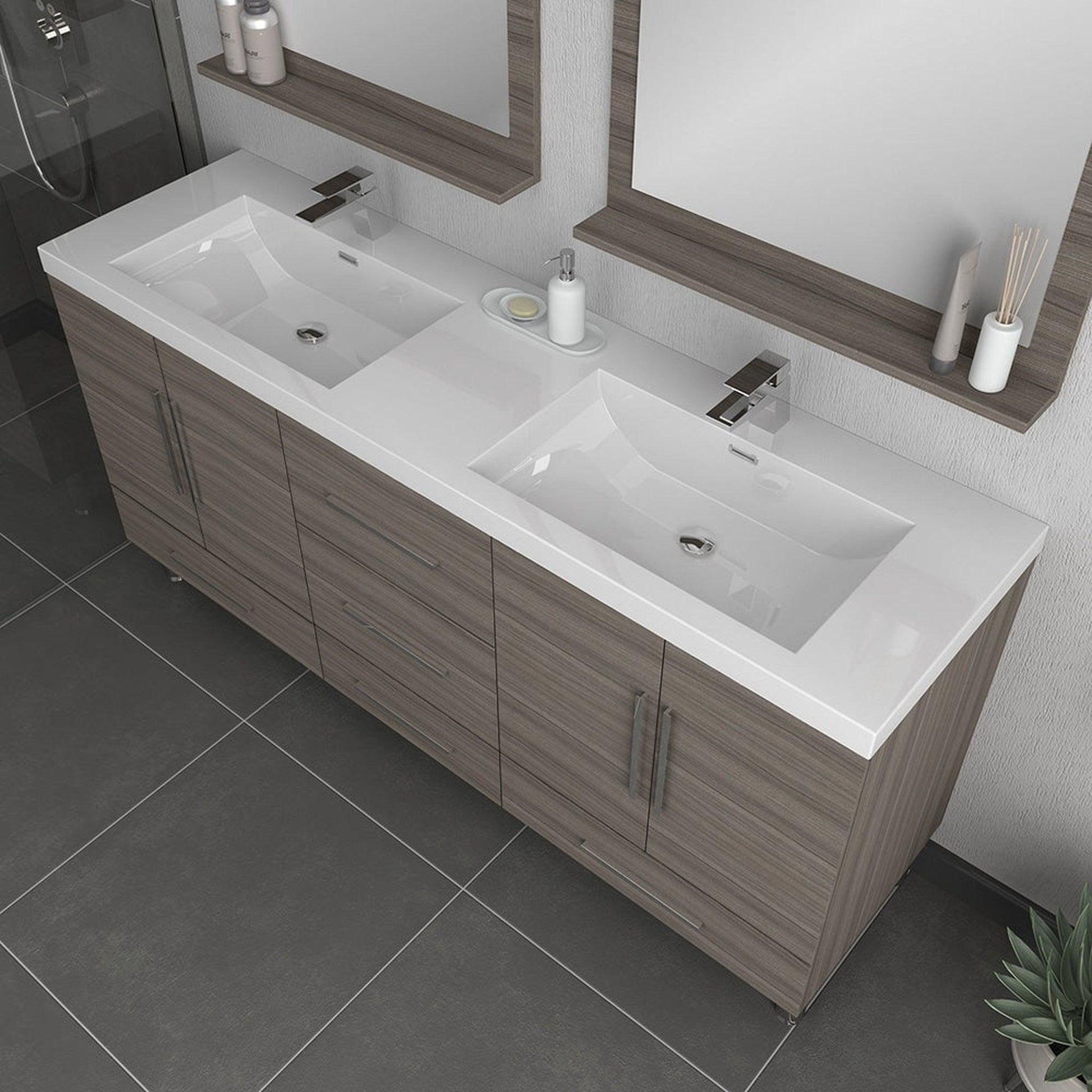 Alya Bath Ripley  67" Double Gray Modern Freestanding  Bathroom Vanity With Integrated Acrylic Top, Acrylic Sink and Wall Mounted Mirror - AT-8063-G+2x AT-30-M-G - Backyard Provider