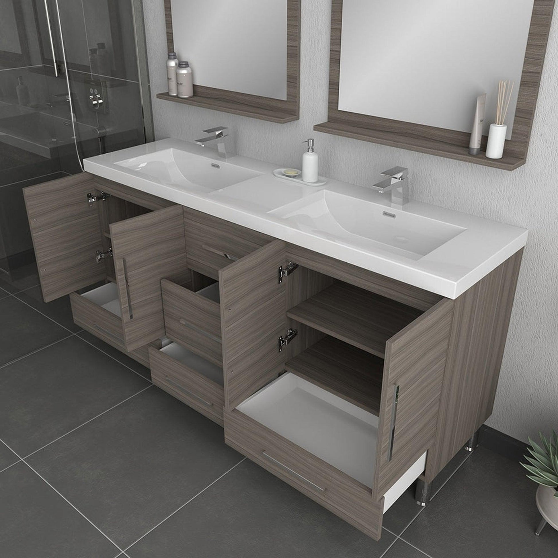Alya Bath Ripley  67" Double Gray Modern Freestanding  Bathroom Vanity With Integrated Acrylic Top, Acrylic Sink and Wall Mounted Mirror - AT-8063-G+2x AT-30-M-G - Backyard Provider