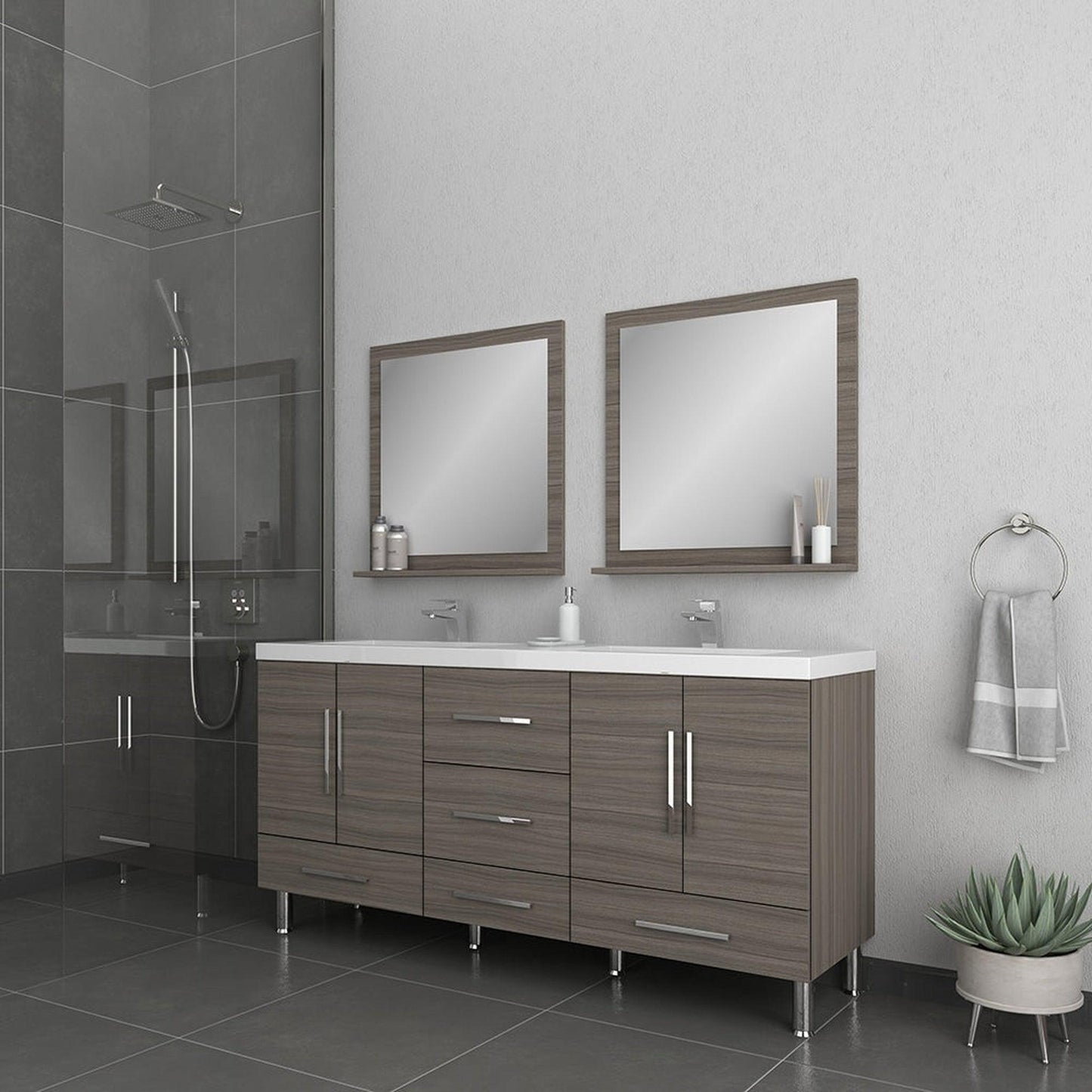 Alya Bath Ripley  67" Double Gray Modern Freestanding  Bathroom Vanity With Integrated Acrylic Top, Acrylic Sink and Wall Mounted Mirror - AT-8063-G+2x AT-30-M-G - Backyard Provider