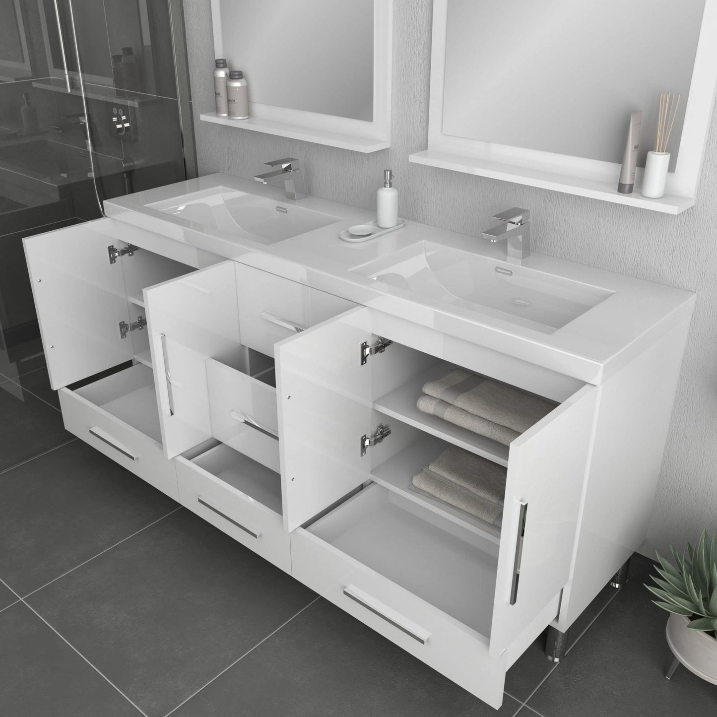 Alya Bath Ripley  67" Double White Modern Freestanding Bathroom Vanity With Integrated Acrylic Top, Acrylic Sink and Wall Mounted Mirror - AT-8063-W+2x AT-30-M-W - Backyard Provider