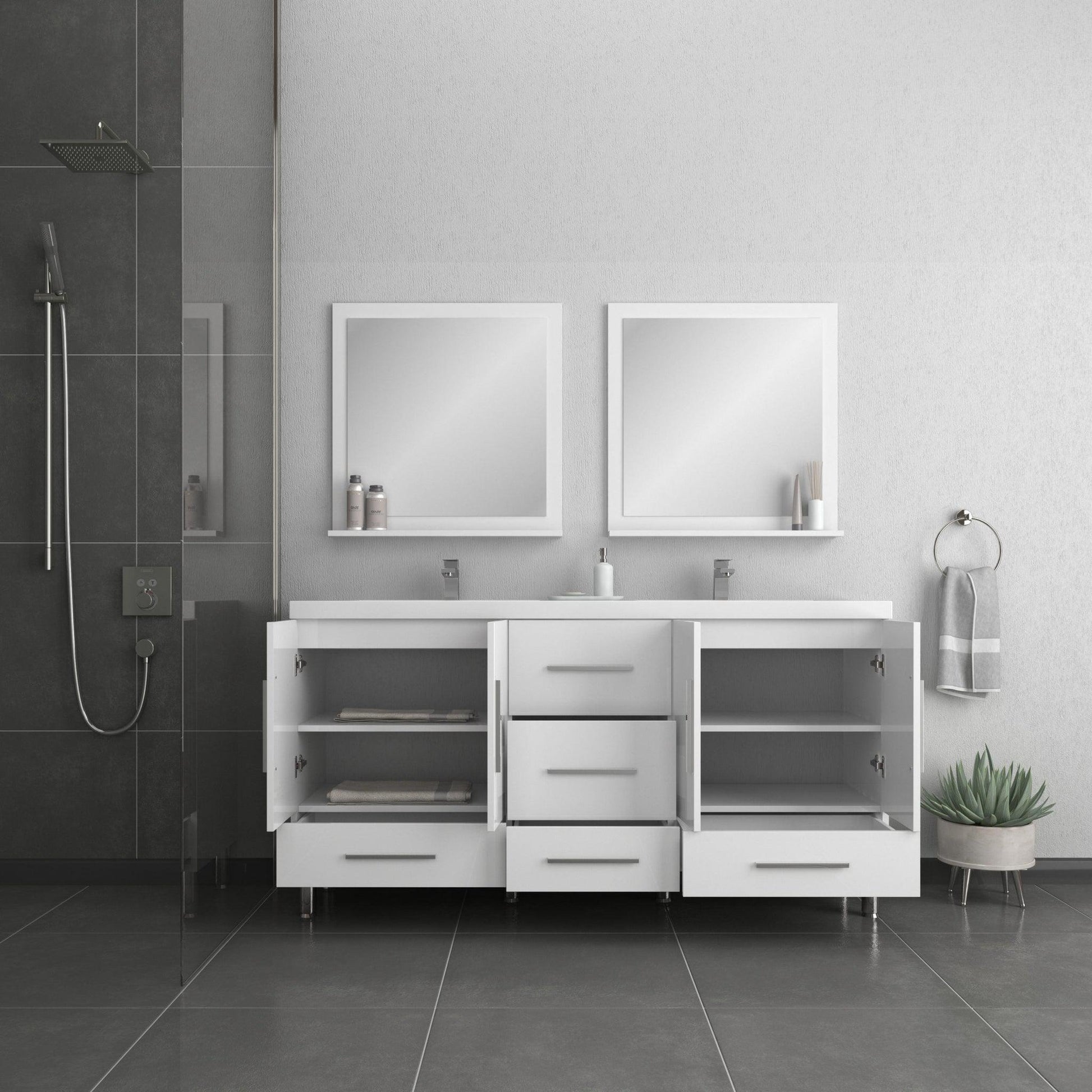 Alya Bath Ripley  67" Double White Modern Freestanding Bathroom Vanity With Integrated Acrylic Top, Acrylic Sink and Wall Mounted Mirror - AT-8063-W+2x AT-30-M-W - Backyard Provider