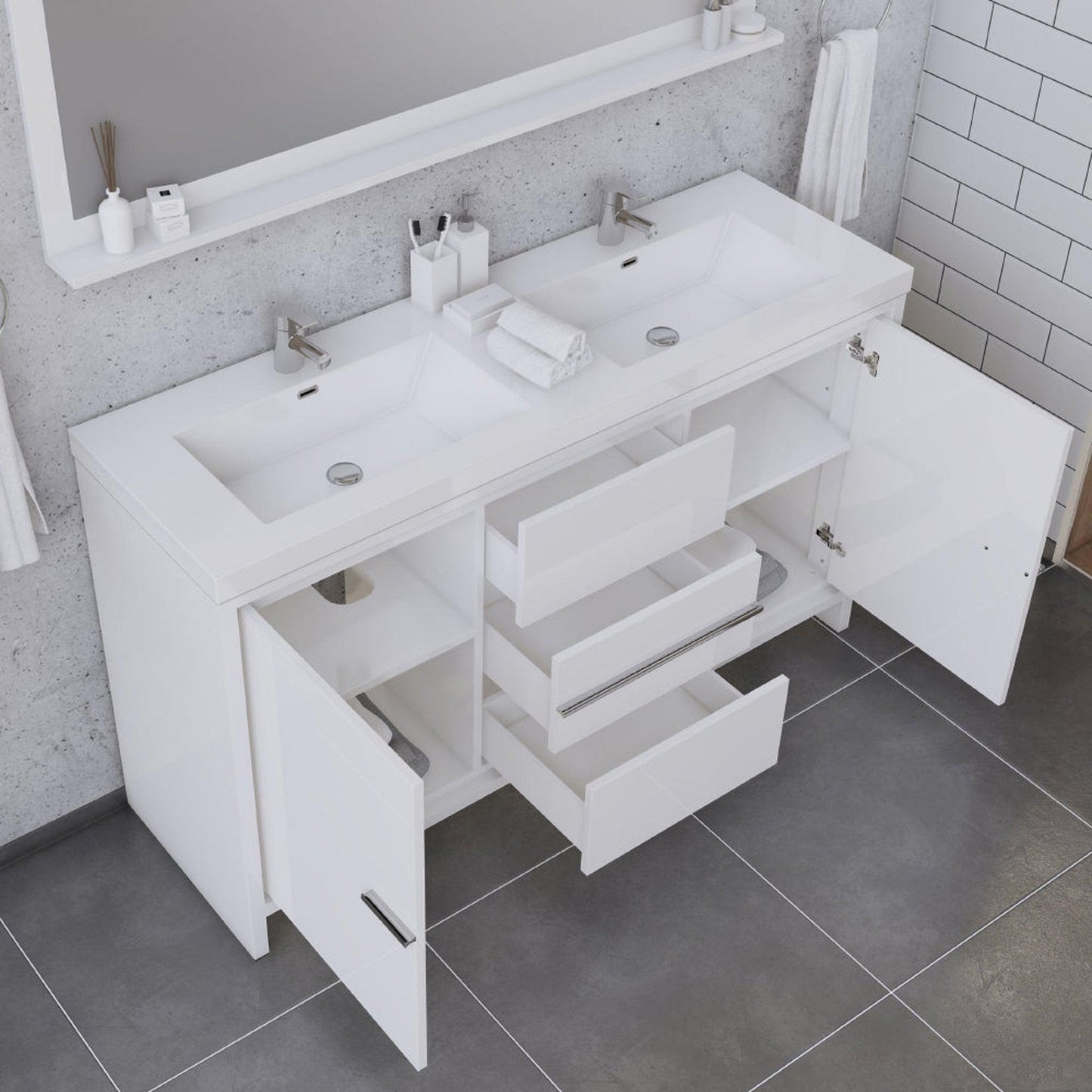 Alya Bath Sortino 60" Double White Modern Freestanding  Bathroom Vanity With Acrylic Top and Integrated Sink - AB-MD660D-W - Backyard Provider
