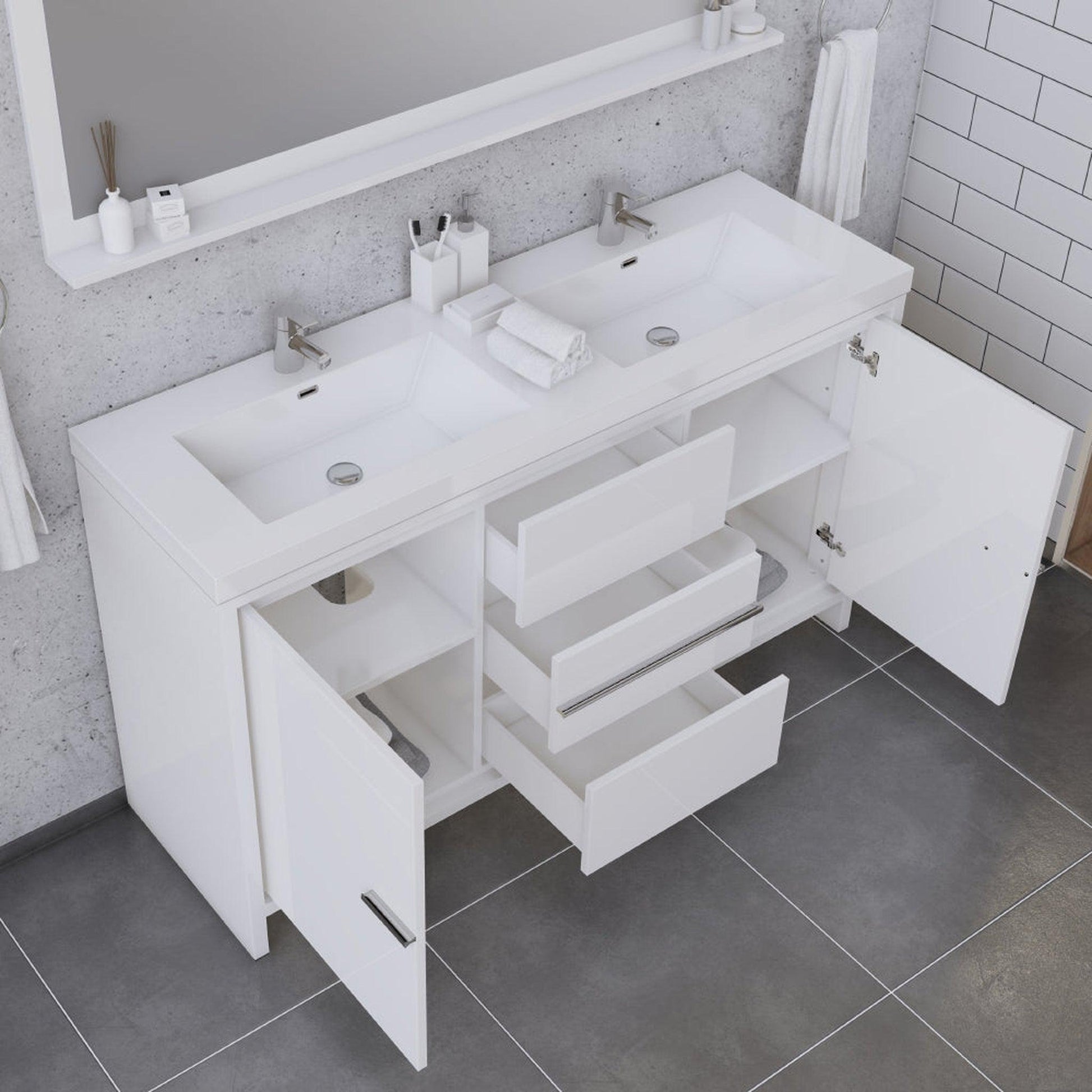 Alya Bath Sortino 60" Double White Modern Freestanding  Bathroom Vanity With Acrylic Top and Integrated Sink - AB-MD660D-W - Backyard Provider