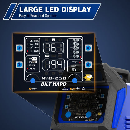 BILT HARD 250A MIG Welder, Gas MIG/Flux Core MIG/Lift TIG/Stick 4-in-1 Welding Machine, 110V/220V Multi-Process Welder w/LED Display, IGBT Inverter - WLD-1603