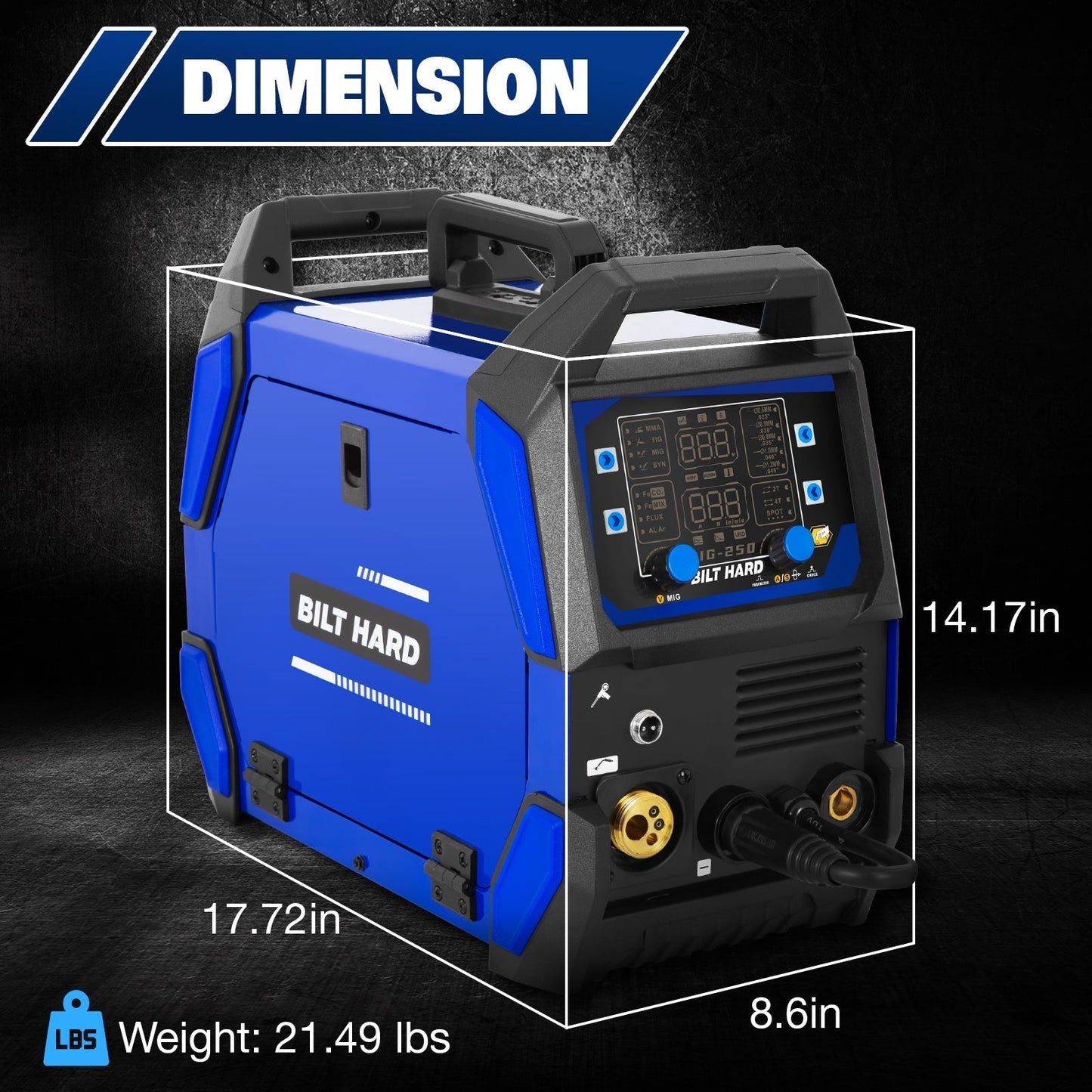 BILT HARD 250A MIG Welder, Gas MIG/Flux Core MIG/Lift TIG/Stick 4-in-1 Welding Machine, 110V/220V Multi-Process Welder w/LED Display, IGBT Inverter - WLD-1603