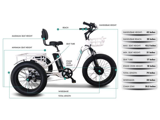 Emojo Caddy PRO 48V Lithium-Ion Battery 500W Motor Hydraulic Brakes The EMOJO Caddy PRO electric tricycle is an upgraded version of the original EMOJO Caddy electric tricycle. The Caddy PRO's upgraded features include Hydraulic Brakes, Front Suspension, a Comfortable Oversized Seat with Backrest, and now comes with 7 Speeds.  Also the front and rear baskets are white instead of black.