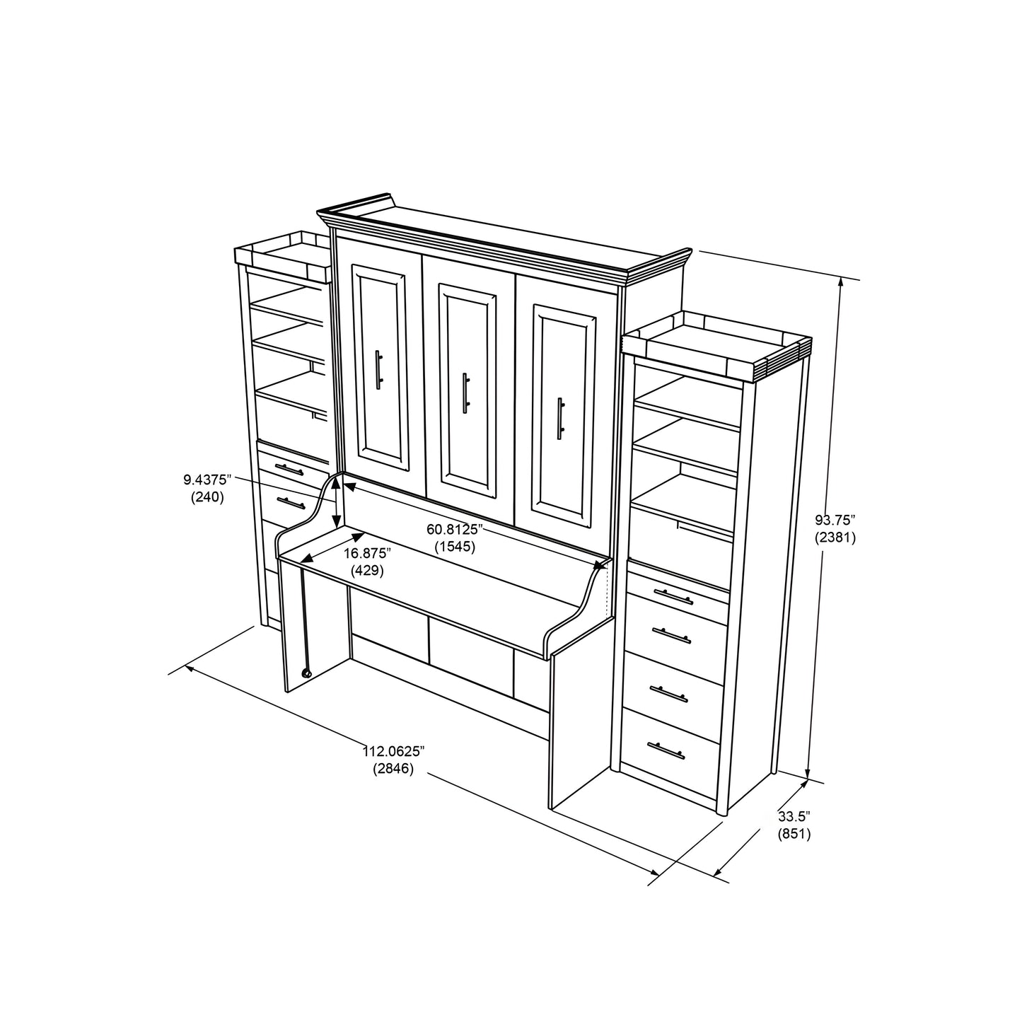 Murphy Bed With Desk & 2 Storage Cabinets, Queen Size, Coventry Walnut by Leto Muro