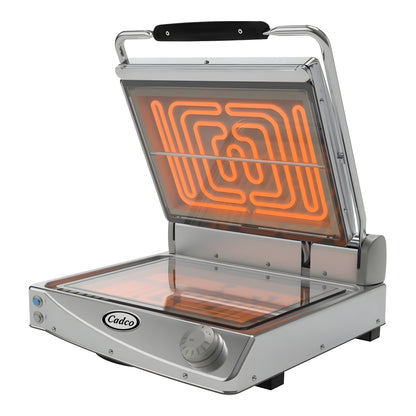 Cadco CPG-15FC Jumbo Glass-Ceramic Clamshell Grill with Smooth Clear Plates - 15 3/4" x 11 13/16" Cooking Surface - 1,800W, 120V - CPG-15FC