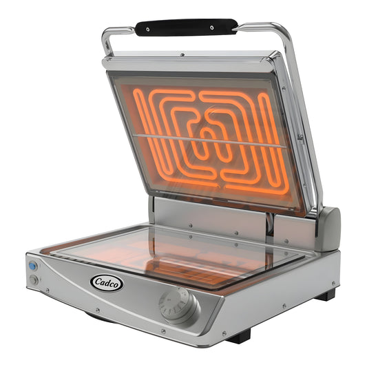 Cadco CPG-15FC Jumbo Glass-Ceramic Clamshell Grill with Smooth Clear Plates - 15 3/4" x 11 13/16" Cooking Surface - 1,800W, 120V - CPG-15FC