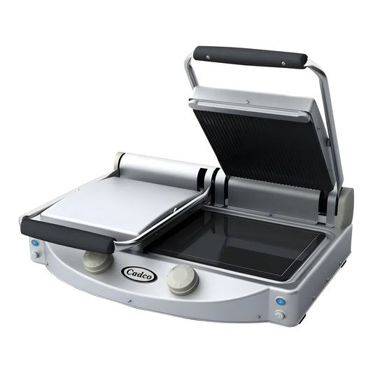 Cadco CPG-20 Double Glass-Ceramic Panini Grill with Grooved Top and Smooth Bottom Plates - 9 7/8" x 9 7/8" Cooking Surface - 3,200W, 208-240V - CPG-20