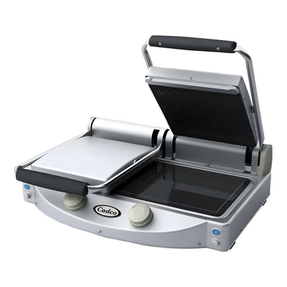 Cadco CPG-20 Double Glass-Ceramic Panini Grill with Grooved Top and Smooth Bottom Plates - 9 7/8" x 9 7/8" Cooking Surface - 3,200W, 208-240V - CPG-20