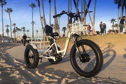 Emojo Caddy PRO 48V Lithium-Ion Battery 500W Motor Hydraulic Brakes The EMOJO Caddy PRO electric tricycle is an upgraded version of the original EMOJO Caddy electric tricycle. The Caddy PRO's upgraded features include Hydraulic Brakes, Front Suspension, a Comfortable Oversized Seat with Backrest, and now comes with 7 Speeds.  Also the front and rear baskets are white instead of black.
