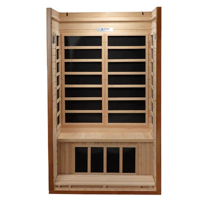 Dynamic Barcelona 1-2-person Low EMF (Under 8MG) FAR Infrared Sauna (Canadian Hemlock) DYN-6106-01 by Golden Designs Crafted from natural hemlock wood, this sauna features 6 carbon heating elements for even heat distribution. Enjoy user-friendly controls, chromotherapy lighting, music system, and privacy with the tempered glass door. Easy assembly and durable construction ensure a hassle-free experience. 