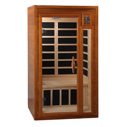 Dynamic Barcelona 1-2-person Low EMF (Under 8MG) FAR Infrared Sauna (Canadian Hemlock) DYN-6106-01 by Golden Designs Crafted from natural hemlock wood, this sauna features 6 carbon heating elements for even heat distribution. Enjoy user-friendly controls, chromotherapy lighting, music system, and privacy with the tempered glass door. Easy assembly and durable construction ensure a hassle-free experience. 