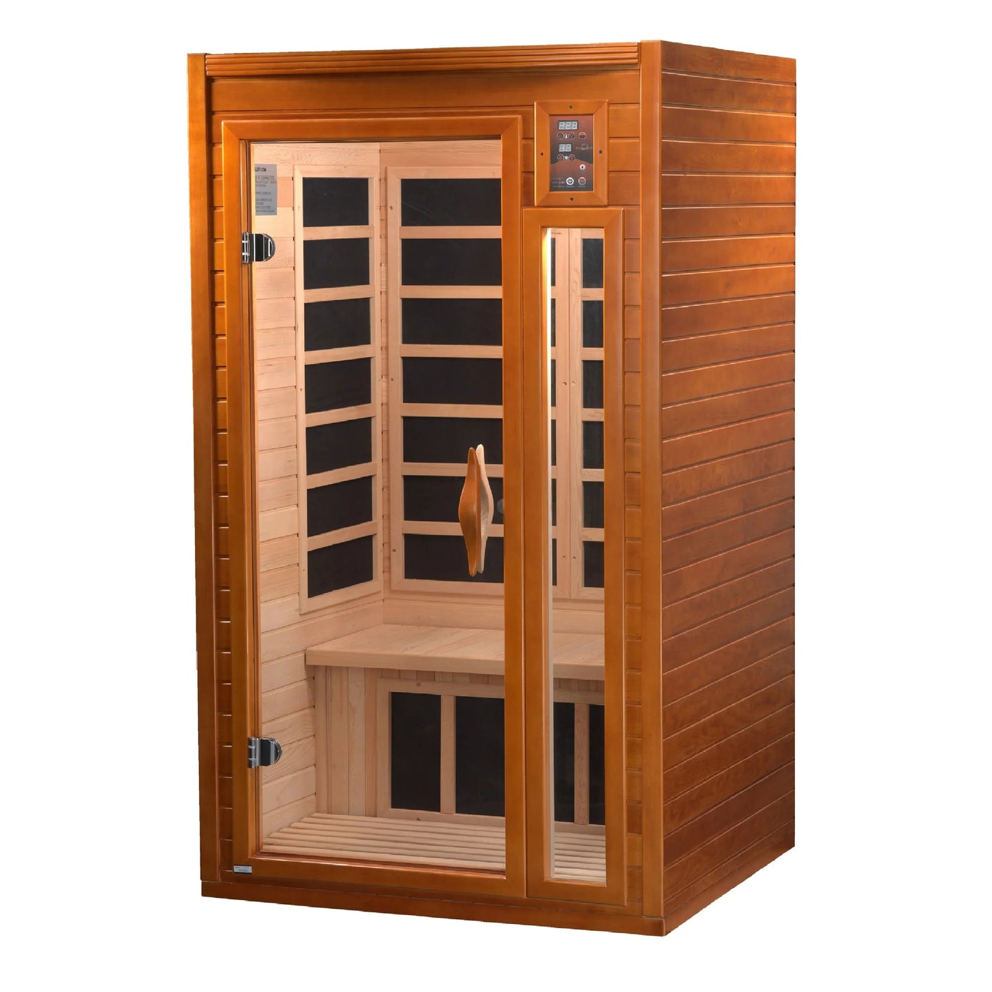 Dynamic Barcelona 1-2-person Low EMF (Under 8MG) FAR Infrared Sauna (Canadian Hemlock) DYN-6106-01 by Golden Designs Crafted from natural hemlock wood, this sauna features 6 carbon heating elements for even heat distribution. Enjoy user-friendly controls, chromotherapy lighting, music system, and privacy with the tempered glass door. Easy assembly and durable construction ensure a hassle-free experience. 