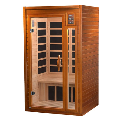 Dynamic Barcelona 1-2-person Low EMF (Under 8MG) FAR Infrared Sauna (Canadian Hemlock) DYN-6106-01 by Golden Designs Crafted from natural hemlock wood, this sauna features 6 carbon heating elements for even heat distribution. Enjoy user-friendly controls, chromotherapy lighting, music system, and privacy with the tempered glass door. Easy assembly and durable construction ensure a hassle-free experience. 