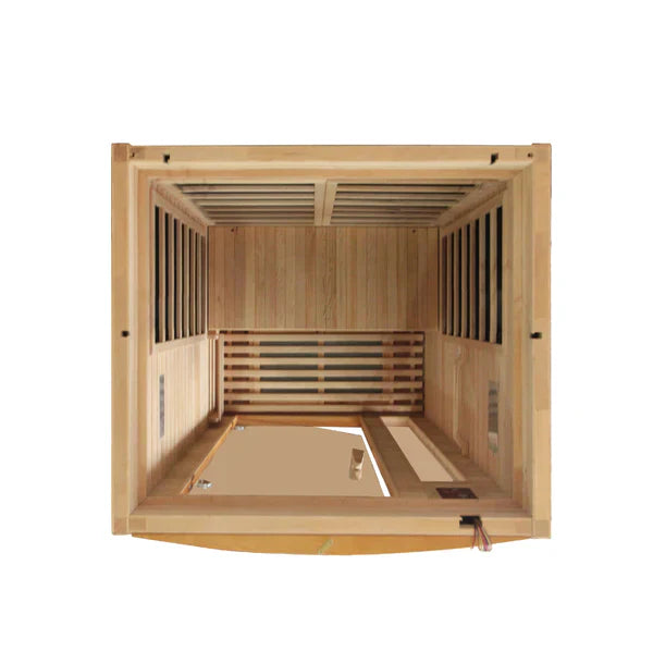 Dynamic Barcelona 1-2-person Low EMF (Under 8MG) FAR Infrared Sauna (Canadian Hemlock) DYN-6106-01 by Golden Designs Crafted from natural hemlock wood, this sauna features 6 carbon heating elements for even heat distribution. Enjoy user-friendly controls, chromotherapy lighting, music system, and privacy with the tempered glass door. Easy assembly and durable construction ensure a hassle-free experience. 