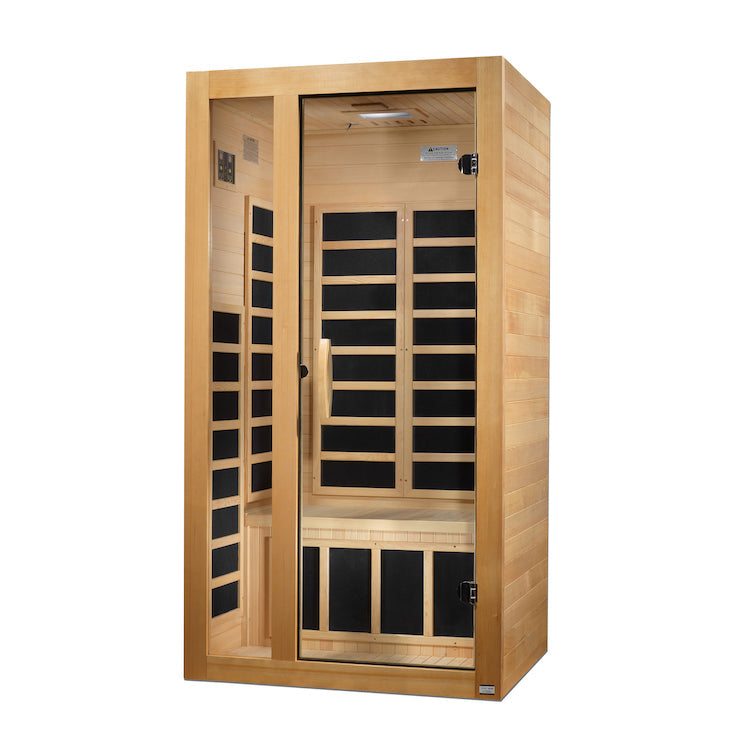 Dynamic Gracia 1-2-person Low EMF (Under 8MG) FAR Infrared Sauna (Canadian Hemlock) DYN-6119-01 by Golden Designs Dynamic Saunas are constructed of environmentally-friendly Canadian Hemlock wood planks. Our saunas feature energy efficient Low EMF FAR infrared heating panels that help relax and rejuvenate the body. Dynamic Saunas can be installed on carpet or any indoor location including basements, master bath, walk in closet or can also be added it to a fitness room.