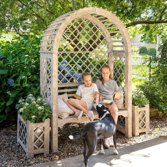 Park Hill Collections Garden Floral Iron Garden Trellis with Bench Storage Display Prop  - EDX20205